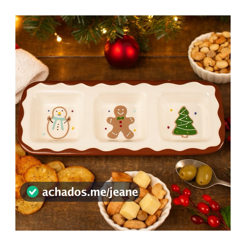 Petisqueira Natalina Porcelana 29,5 x 11,5 Com Divisórias para porções com Desenhos Natalinos