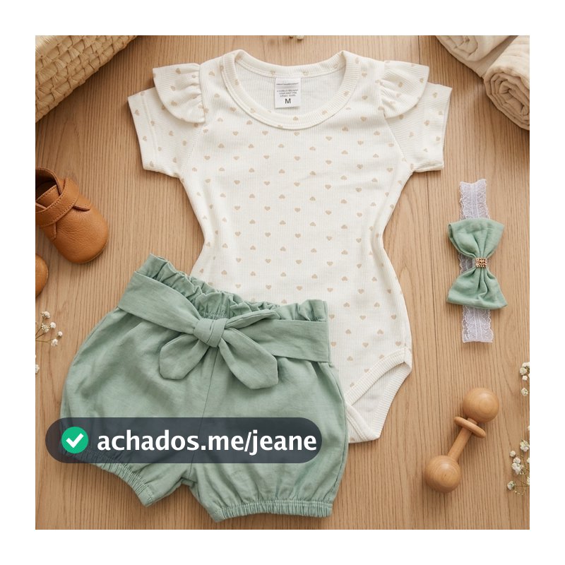 Conjunto Casual De Verão Para Bebê Roupa De Menina Body De Manga Curta Com Babados 100% Algodão E Shortinho Confortável