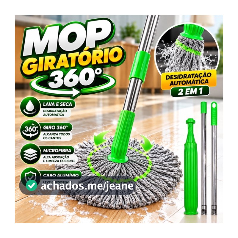 Mop rodo Giratório 360° 2 em 1 Esfregão com Torção Automática Cabo Inox 130cm Microfibra Lava e Seca Pisos + Refil