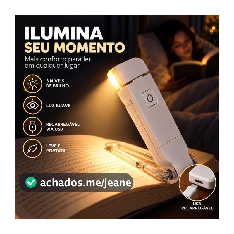Luz de Leitura para Livro LED Recarregável USB com Clipe 3 Níveis Brilho Ajustável Luminária Portátil para Estudo