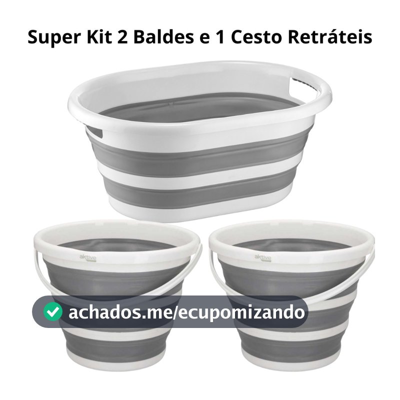 Kit Com 1 Cesto De 26 Litros Retrátil de Silicone E 2 Baldes De 10 Litros Retrátil Dobrável Silicone Powermaid