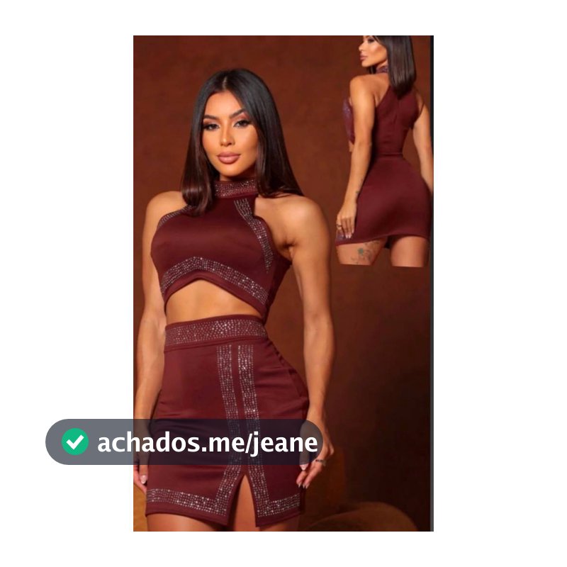 Conjunto em neoprene Conjunto feminino Conjunto de saia e cropped Saia e cropped Cropped gola alta Cropped com strass