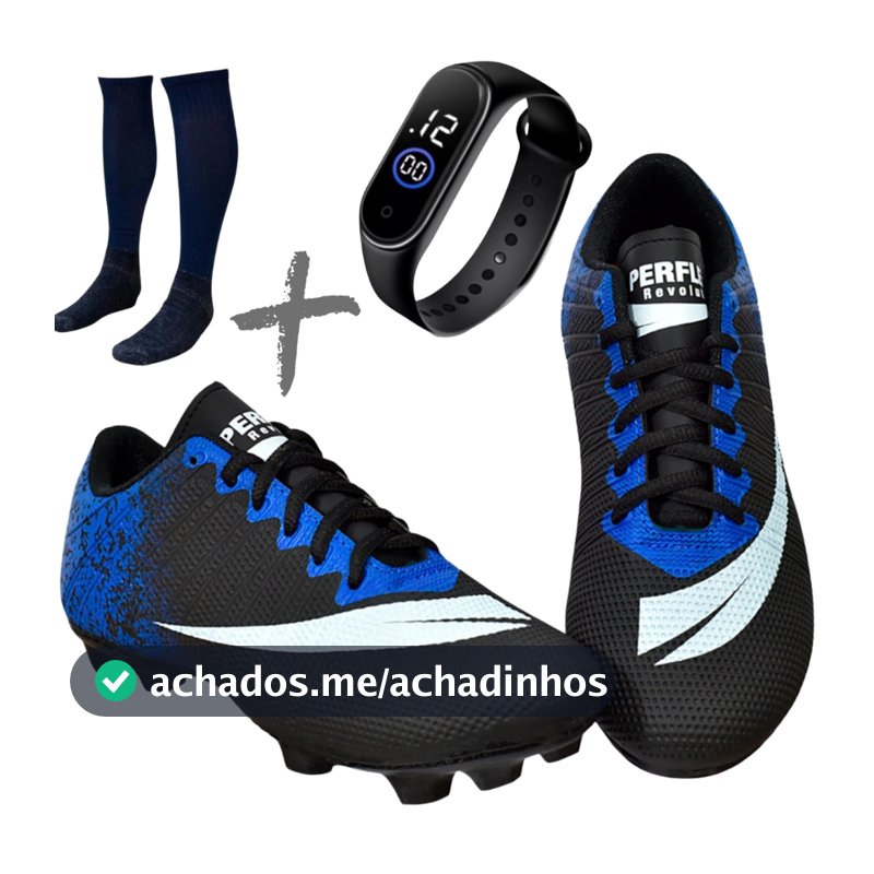 Chuteira Campo Adulto Infantil com Meião e Relogio Colada e costurada PROMOÇÃO