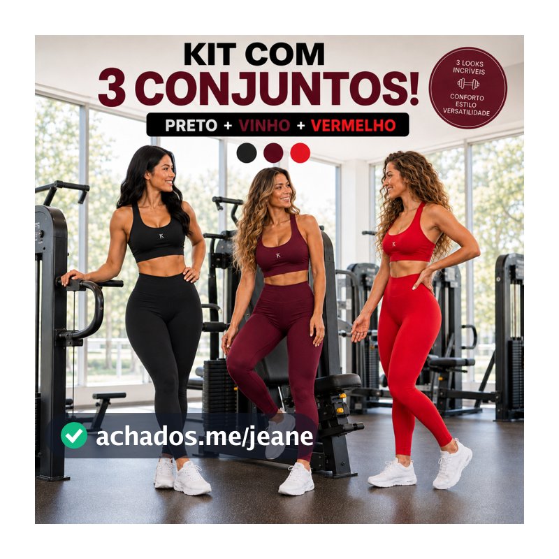 Kit 3 Conjuntos Fitness Feminino Top + Calça Legging Cintura Alta Academia Treino