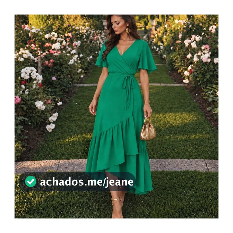 Vestido Feminino Longo Liso Saia Envelope Transpassada Manga Curta Decote V