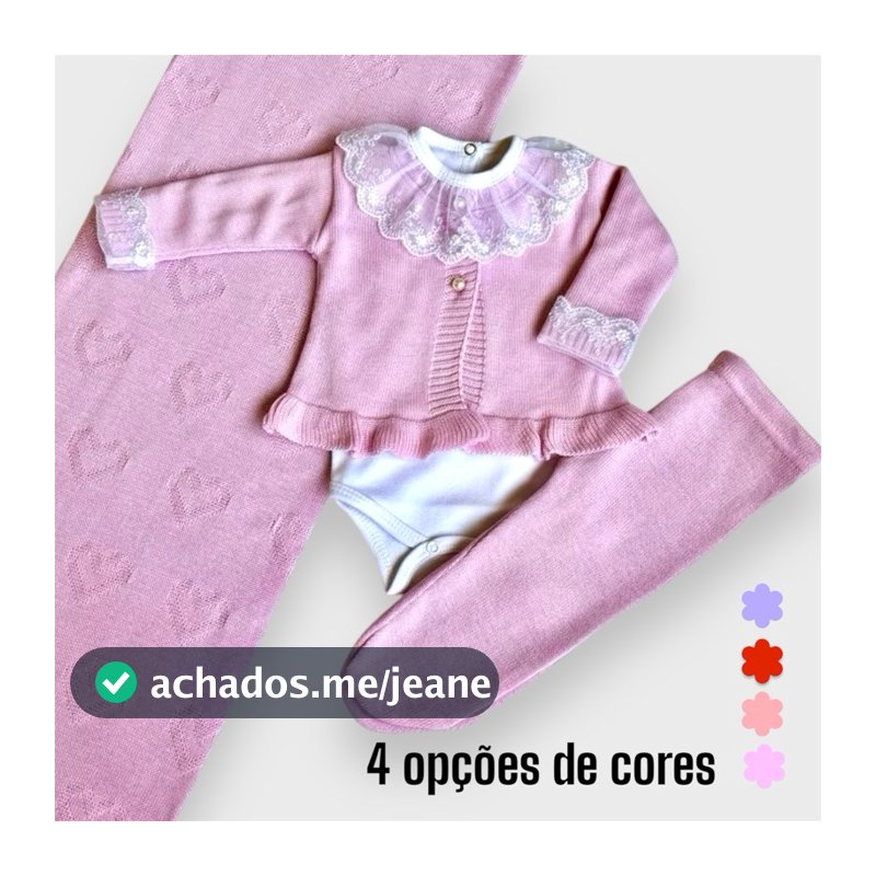 Kit Saída maternidade Menina em Tricô -  Casaco, Calça, Body Gola Renda e Manta Opcional
