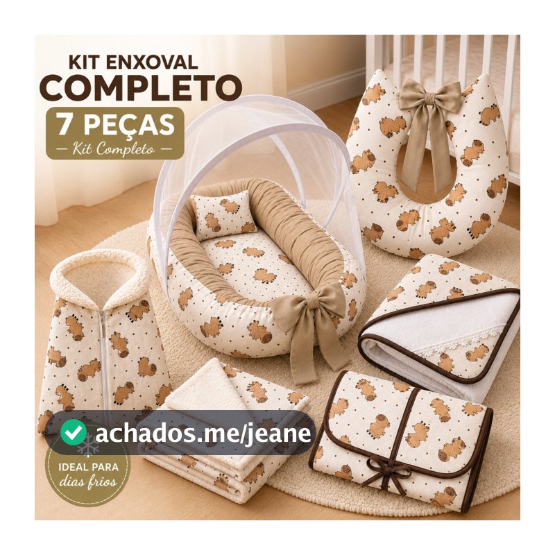 Kit Enxoval Bebê Premium Completo 7 Peças Ninho Mosquiteiro Almofada Trocador Toalha Manta Inverno