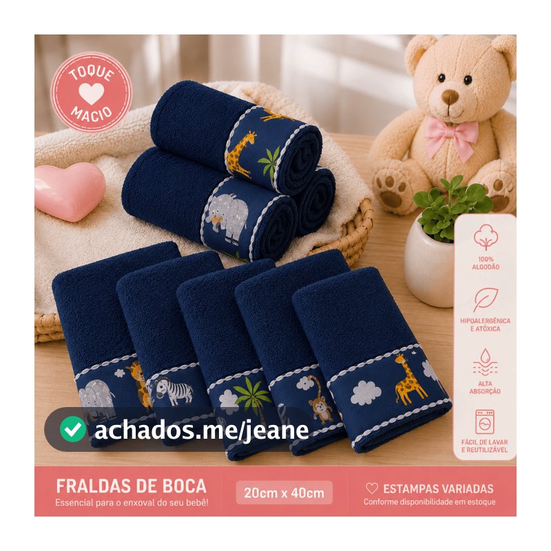 Kit Toalha Ombro ou Boca Babete 06 Unidades Overlocado e Tecido Com Estampas Variadas Toalhas Coloridas