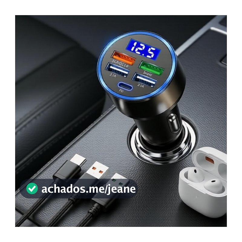 Carregador veicular 4x portas USB, PD 3.0 & Type-C