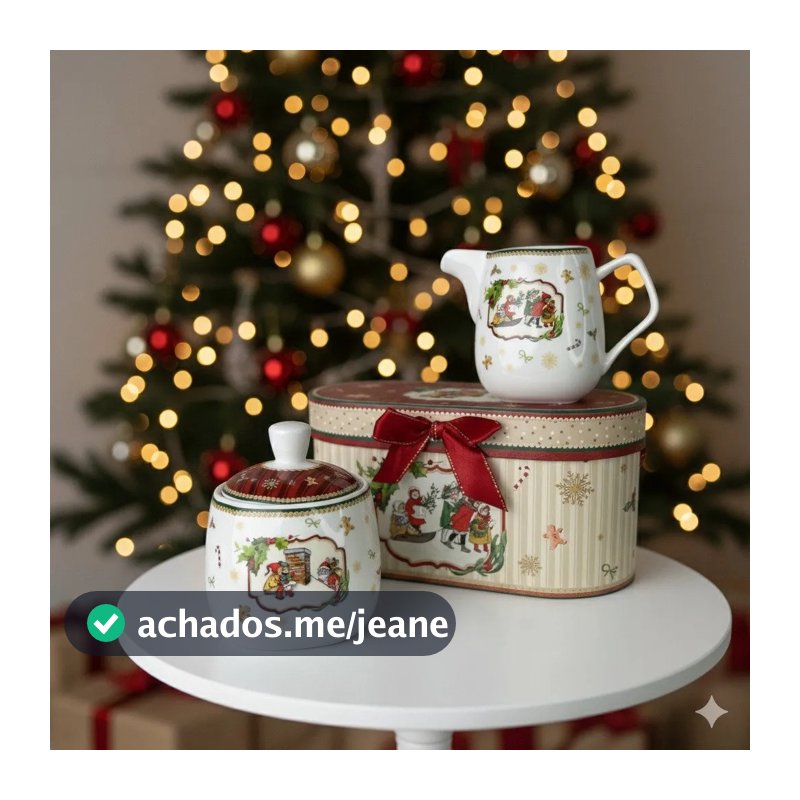 Conjunto Bule e Açucareiro Natalino e Kit 4 Garfos Sobremesa Vintage Christmas Coleção The Forest