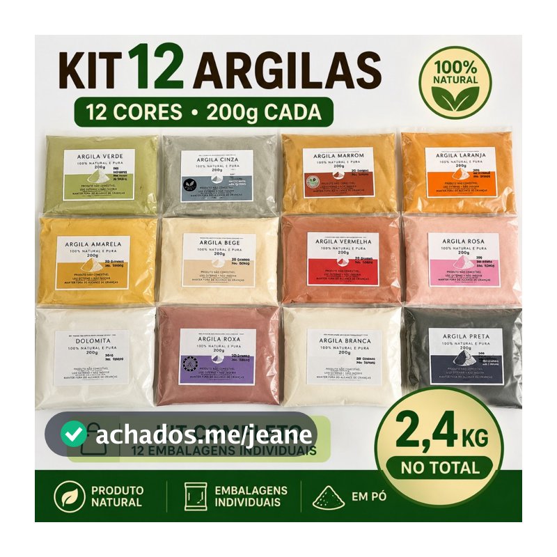 Kit 12 Argilas 200g Cada – 2,4kg – Verde, Preta, Branca, Rosa, Amarela, Vermelha, Cinza, Marrom, Bege, Roxa, Laranja e D