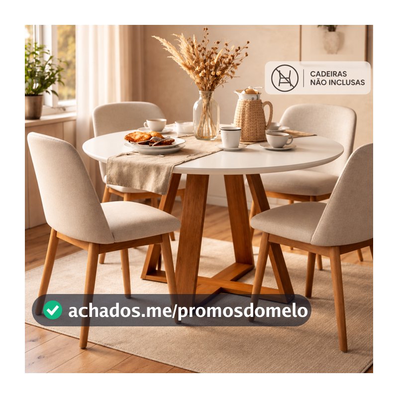 Mesa De Jantar Redonda Livia 110cm 4 Lugares Branca Base Mel Moderna