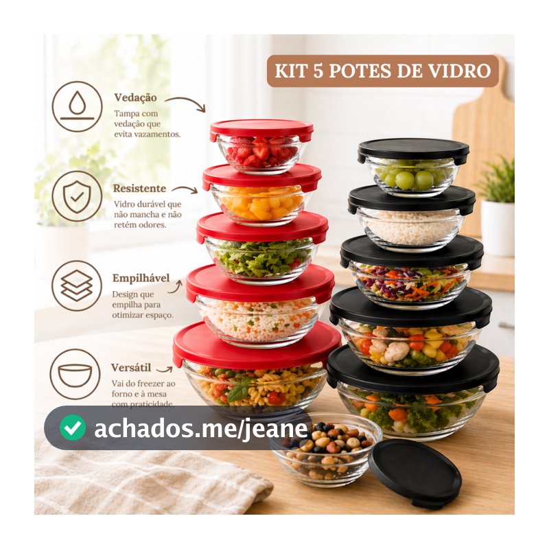 Kit 5 Potes de Vidro Hermético com Tampa Redondo Empilhável para Cozinha Marmitas Alimentos