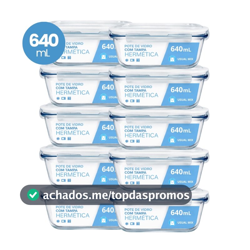 Kit 10 Pote Vidro Hermético Marmita 640ml Micro-ondas Freezer Forno Organização Geladeira
