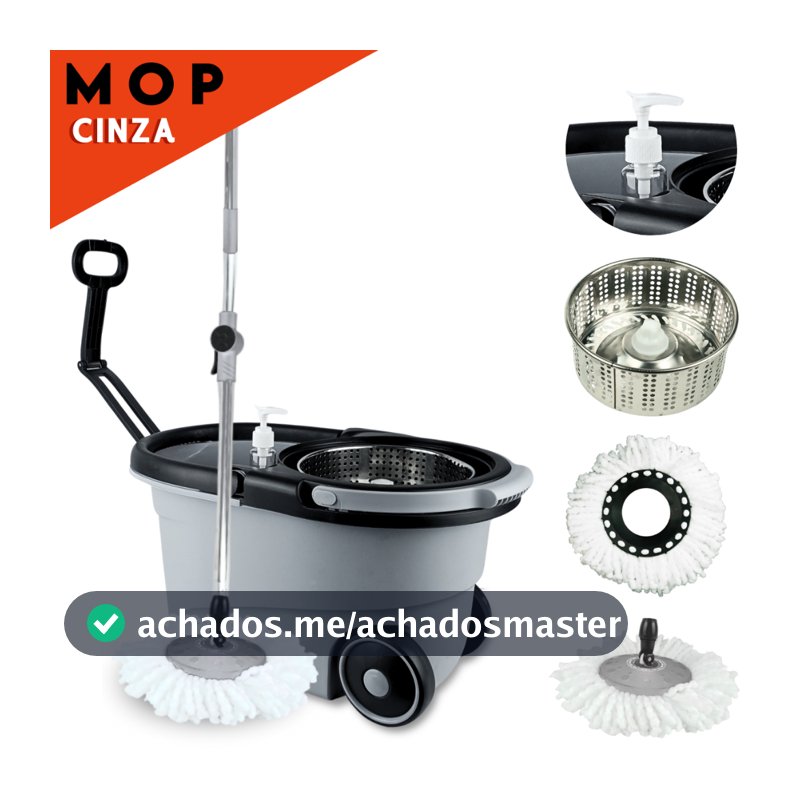 Mop Giratório Cesto Em Inox C/ Rodas e Alça Cabo de 150 cm  Kit Completo Para Limpeza Cinza - SHEFA