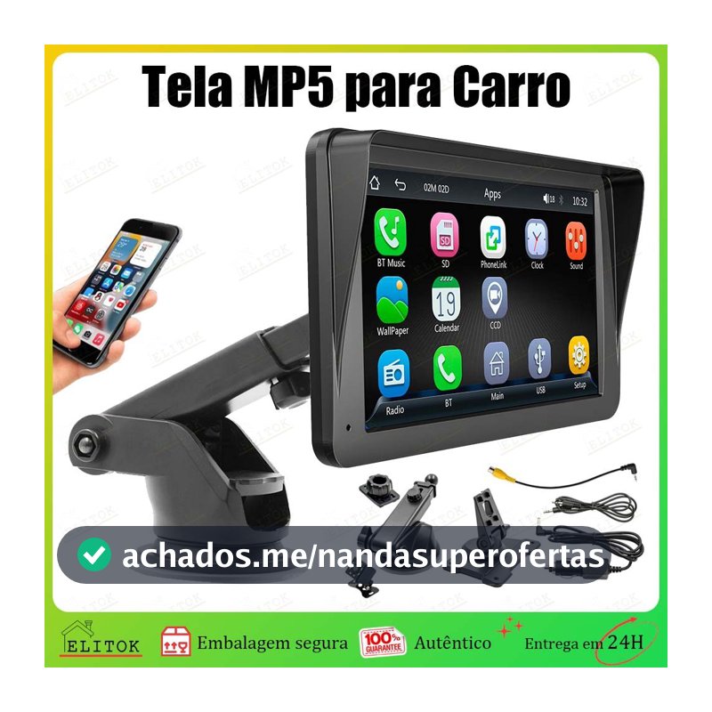 Tela MP5 para Carro 7 Polegadas Touch Bluetooth 5.0 CarPlay Android Auto USB FM Suporte Câmera de Ré acessórios de carro