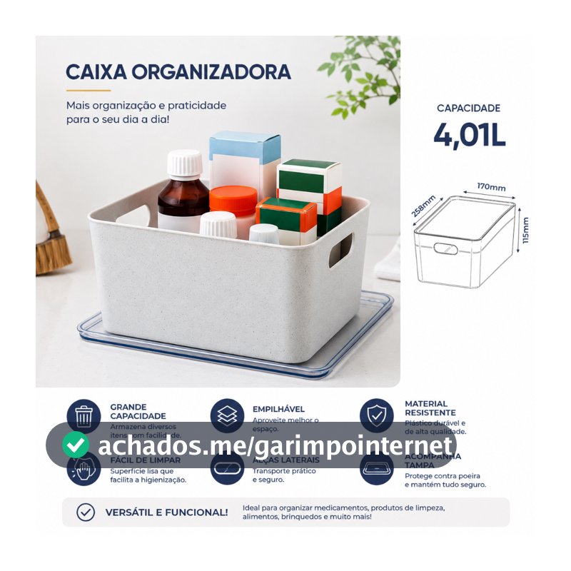 CAIXA ORGANIZADORA 4L COM TAMPA PARA BANHEIRO COZINHA GELADEIRA ROUPAA EMPILHAVEL RESISTENTE CASA ORGANIZADA BRINQUEDO