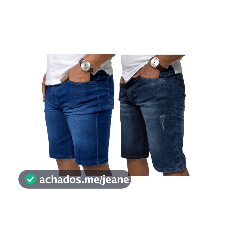 KIT 2 Bermuda Masculina Jeans  Azul Médio Lisa e Azul Bigode Puido Com Elasticidade