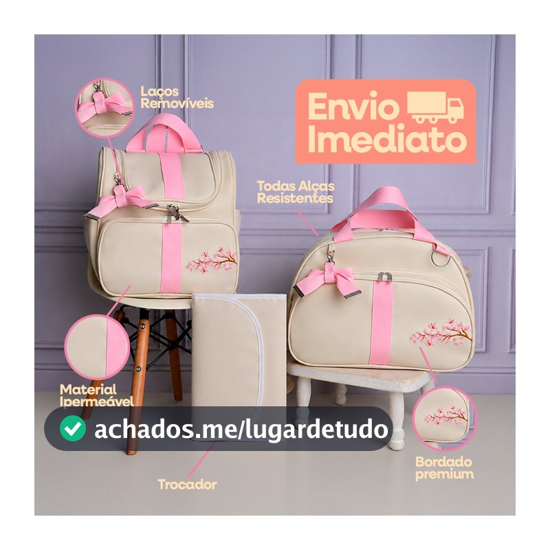 Kit Bolsa Maternidade 3 Peças Menina Menino Bordada Mochila Mala Trocador Impermeável Luxo Enxoval Bebê Gestante