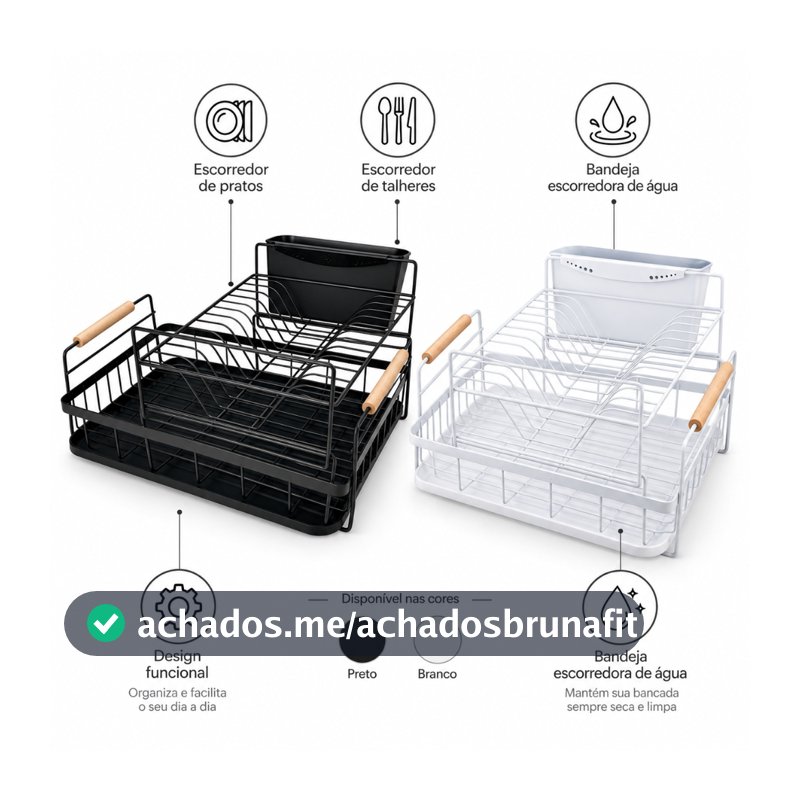 ESCORREDOR ORGANIZADOR DE LOUÇA COM PORTA TALHER E ALÇA DE BAMBU BRANCO PRETO 2 ANDARES - MEK