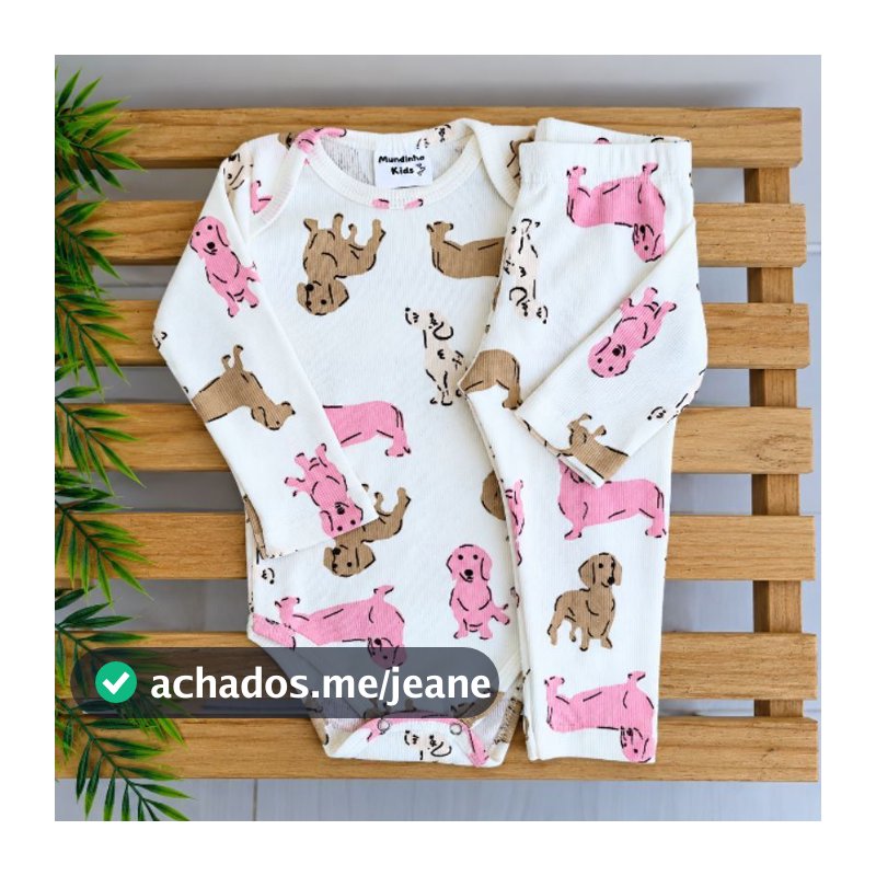 Conjunto Manga Longa Canelado Body Bebê Menina Body+Calça Tipo Mijão Diversas Cores e Estampas