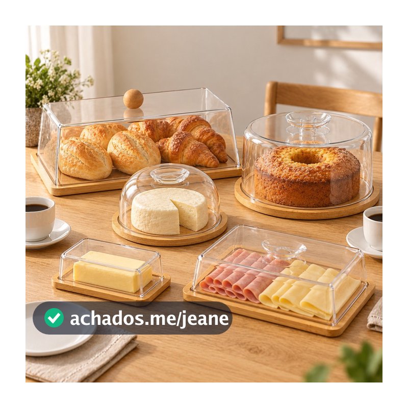 Kit Mesa Posta de Bambu  Queijeira  Manteigueira  Boleira  Porta Frios  Porta pão Ideal para Café da Manhã