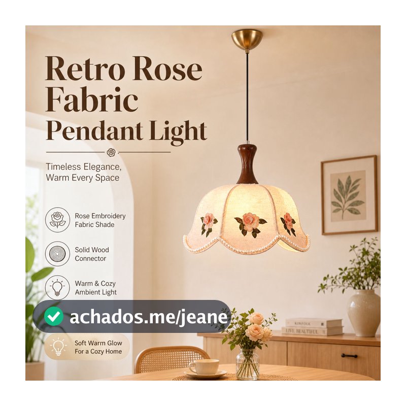 Lustre Pendente Retro Rosa Bordado Tecido Luminária Estilo Francês Vintage Madeira Maciça Para Sala De Estar