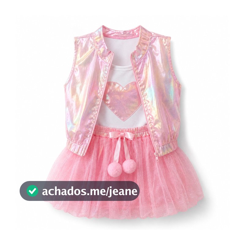 Conjunto Infantil Feminino Holográfico 3 Peças Menina Jaqueta Blusa e Short Saia Tule Blogueirinha