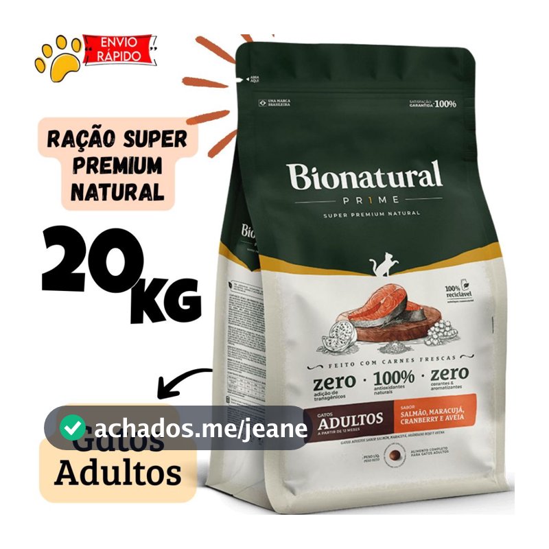 Ração Bionatural Prime Gatos Adultos 20kg Super Premium Natural Salmão Maracujá Cranberry e Aveia