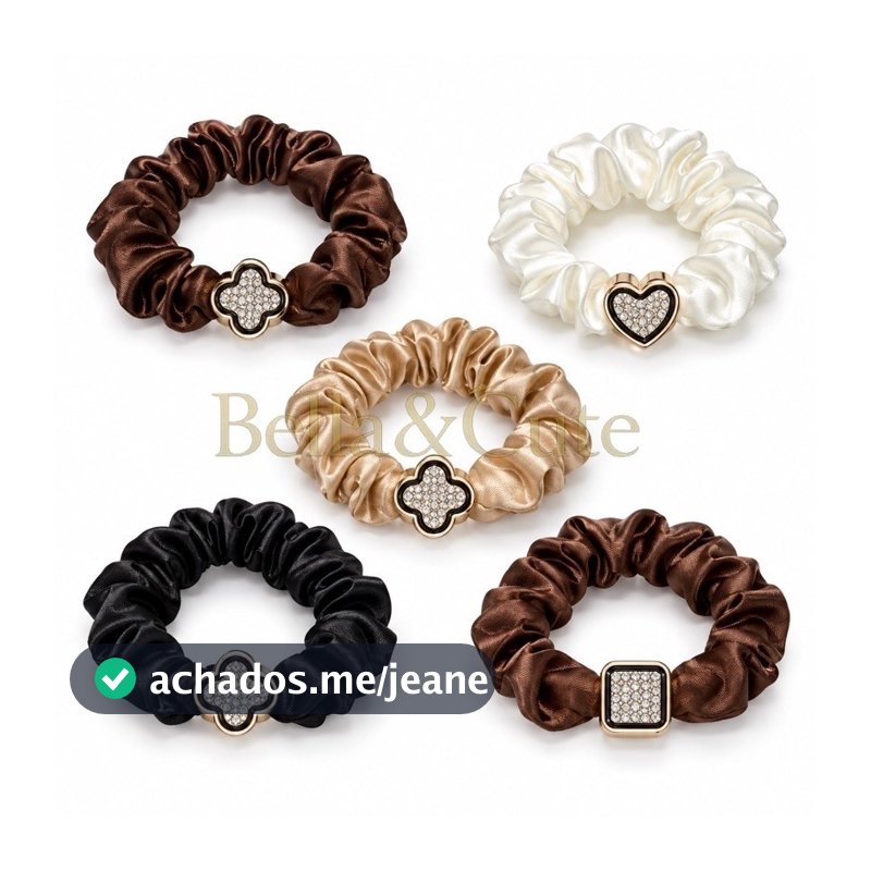 Kit com 5 Xuxinhas Elásticos de Cabelo de Cetim com Pingente Luxuoso – Elegância e Brilho em Cada Detalhe