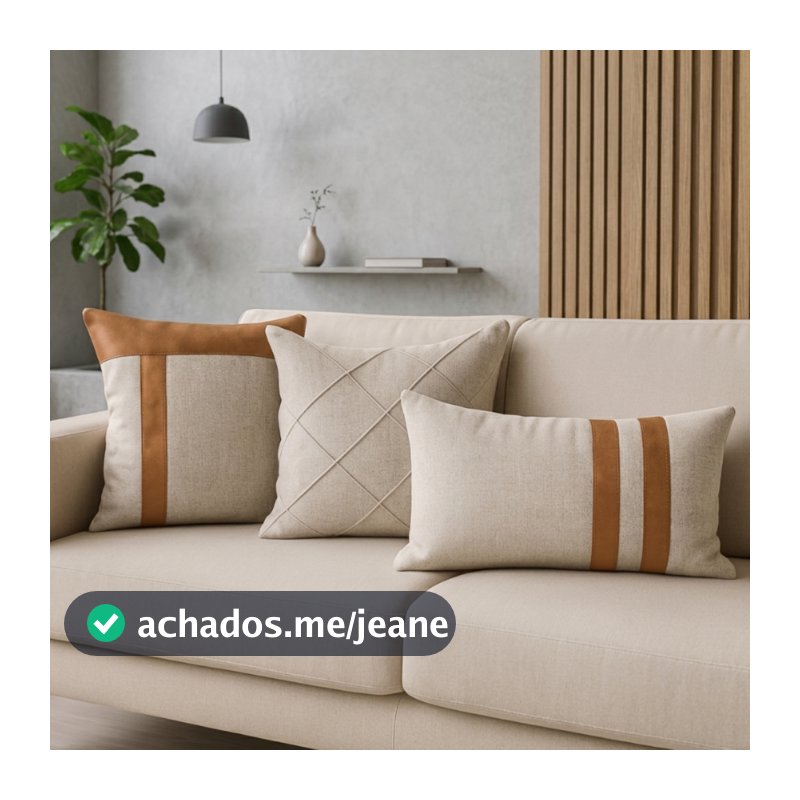 Kit 3 Capas de almofadas Linho Rústico com Couro Decoração para Sala Moderna Caramelo Marrom Preto