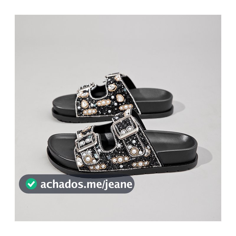 Papete feminina Pérolas de strass de luxo sandália diferente feminina com fivela