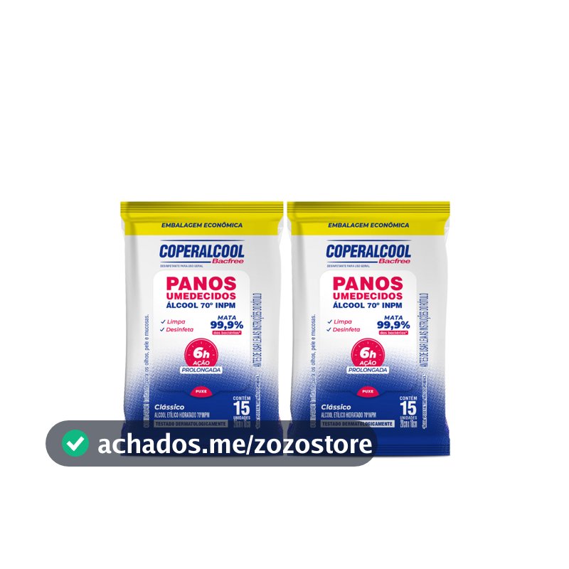 Kit 02 Pacotes de Lenços Umedecidos Clássico com Álcool 15 Lenços cada Coperalcool