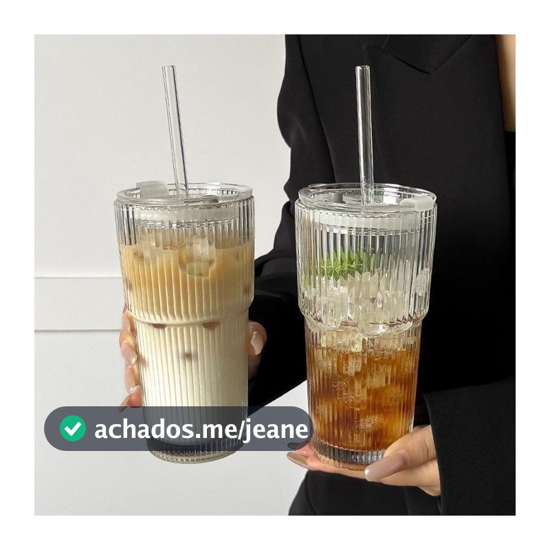 Copo de Vidro para Bebidas Geladas e Café, com Tampa e Canudo, Listras Verticais-Design Sofisticado