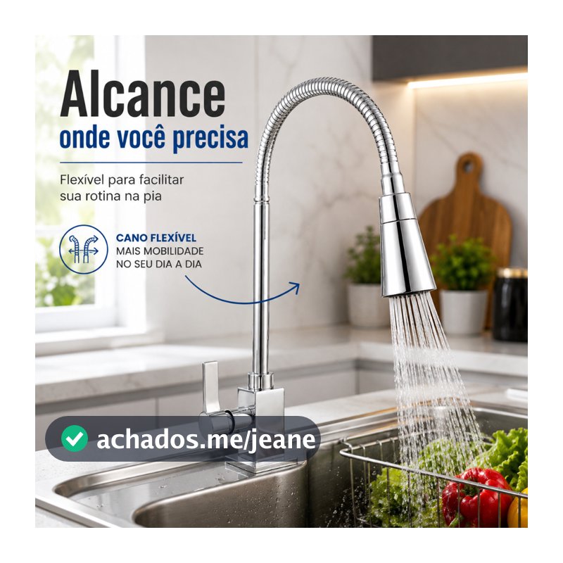 Torneira Cozinha Flexível Quadrada Bancada Jato Duplo Cone Cromado Mesa 1/4 De Volta Inox Abs