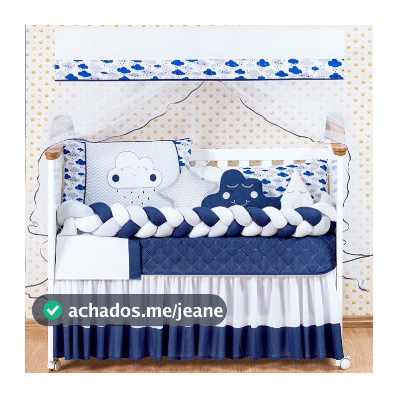 Kit Berço Nuvem Trança Azul Marinho + Protetor 6 Peças | Padrão Americano/Nacional/Mini Berço