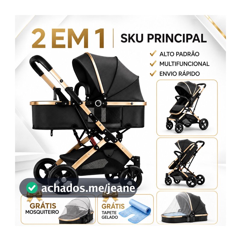 Carrinho de Bebê 2 em 1 Reversível Dobrável com Moisés Amortecedor Luxo Europeu