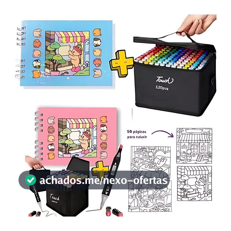 Kit Livro De Colorir Capa Dura 50 Páginas + 24/36/60/80/100/120 Cores Caneta Marcadora Ponta Dupla