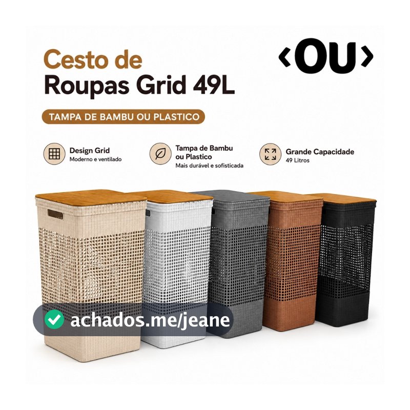 Cesto de Roupas Grid 49L com Tampa Bambu ou Plástico – Organizador Lavandeira OU