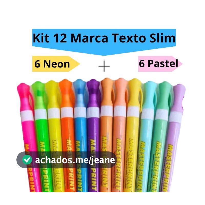 Kit 12 Caneta Marca Texto Slim (6 Neon + 6 pastel) Escolar Infantil Diversas Cores Masterprint