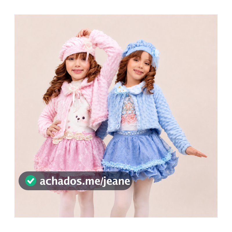 Conjunto Infantil Feminino Luxo 4 Peças  Casaco Peluciado Com Boina e Saia