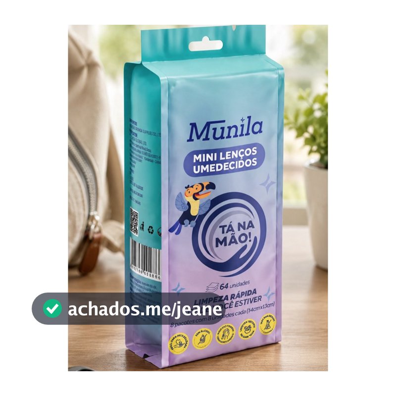 Kit Munila Mini Lenços Umedecidos Tá Na Mão 64 Unidades 8 Pacotes Com 8 Folhas Cada Limpeza Rápida Prática Portátil Bols