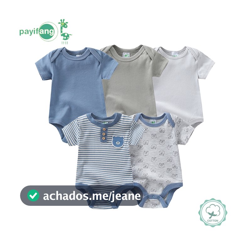 Kit 5 unidade Body Bebe Manga Curta Algodao Suedine Meninos e meninas Verao 60% algodão, 40% poliéster- Urso
