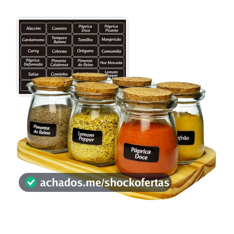 Porta Tempero Bandeja de Cozinha Organizadora com 6 Potes de Vidro Tampa Rolha 110ml