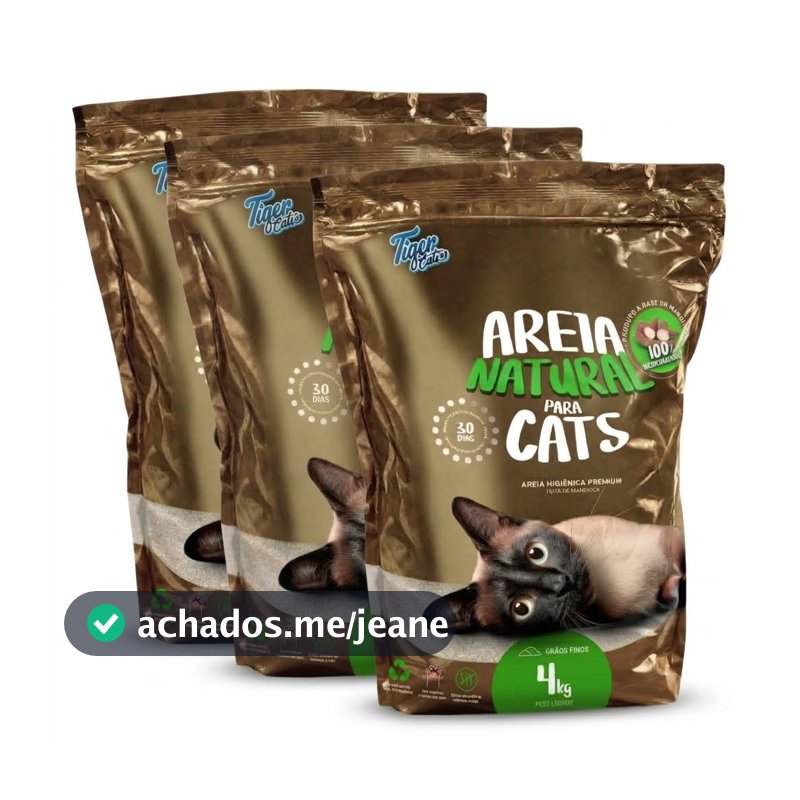 Areia Higiênica Biodegradável Tiger Cats 12Kg (3 pacotes de 4 kg) - Mandioca - Grãos finos