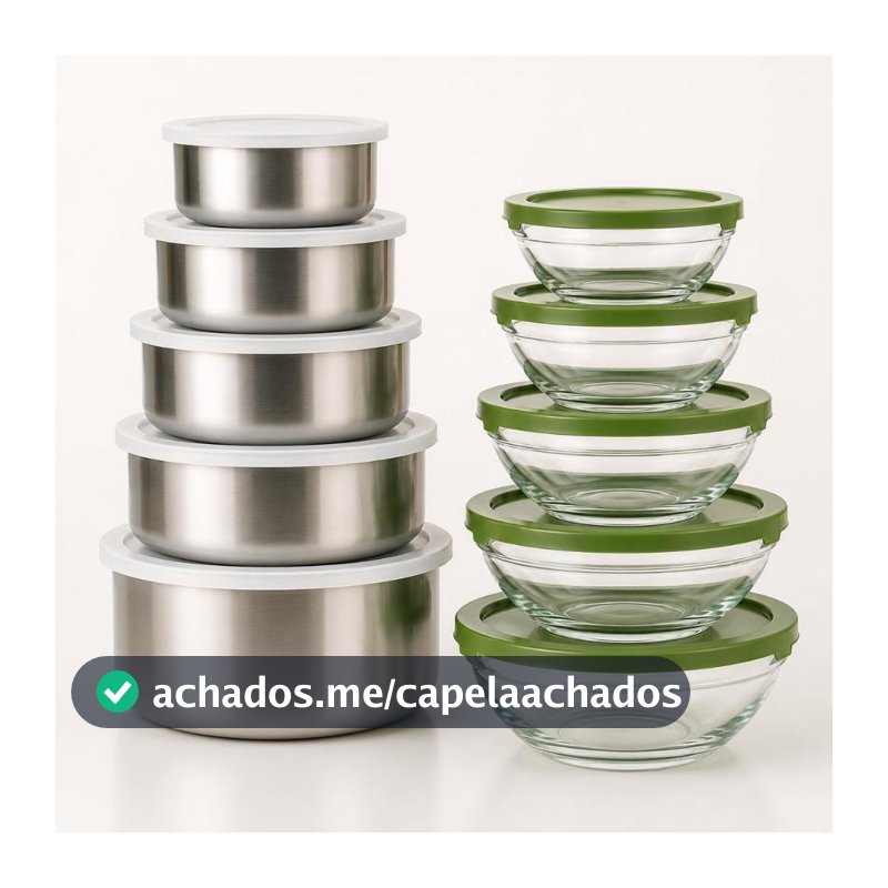 Kit 10 Potes Herméticos 5 Vidro Tigela + 5 Pote Inox com Tampa para Armazenar Alimentos Organizador de Cozinha