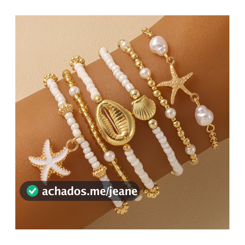 Conjunto De Pulseiras Requintadas De Estrela Do Mar E Contas De Concha , 6 Peças – Joias De Praia De Verão Multicamadas
