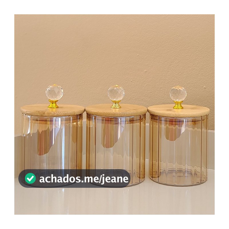 Pote de Vidro Hermético Dourado CANELADO ÂMBAR CRISTAL 550ML Porta Mantimentos cozinha Tampa Bambu