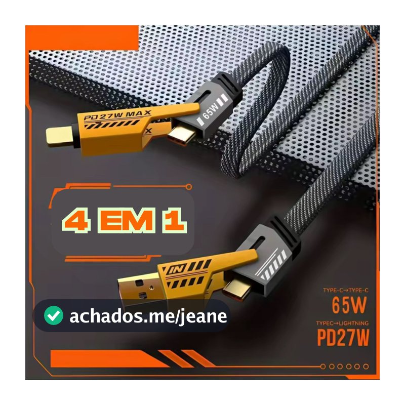 Cabo Turbo 4 em 1 Turbo 65W PD 27W Type-C P/ iPhone Xiaomi Android Samsung Metal Reforçado
