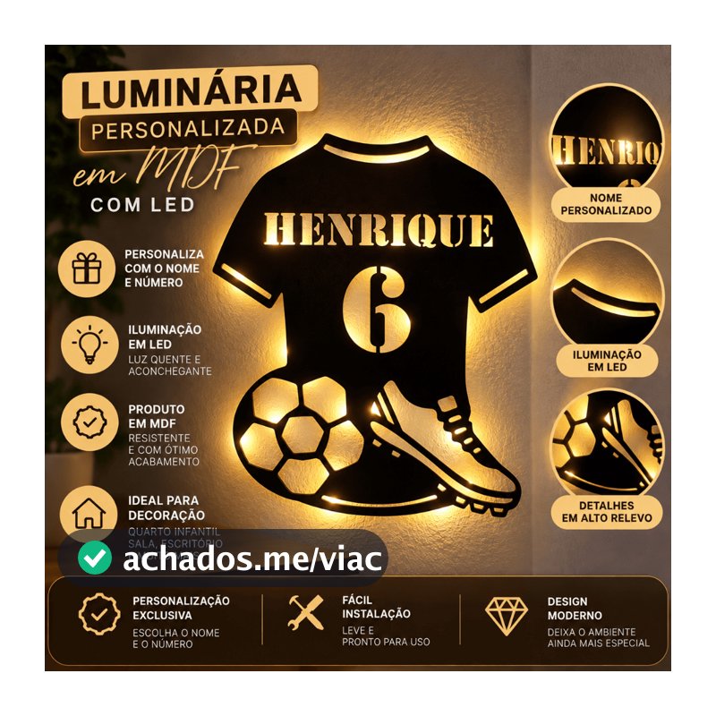 Luminária Camisa de Futebol Personalizada com Nome e Número LED MDF